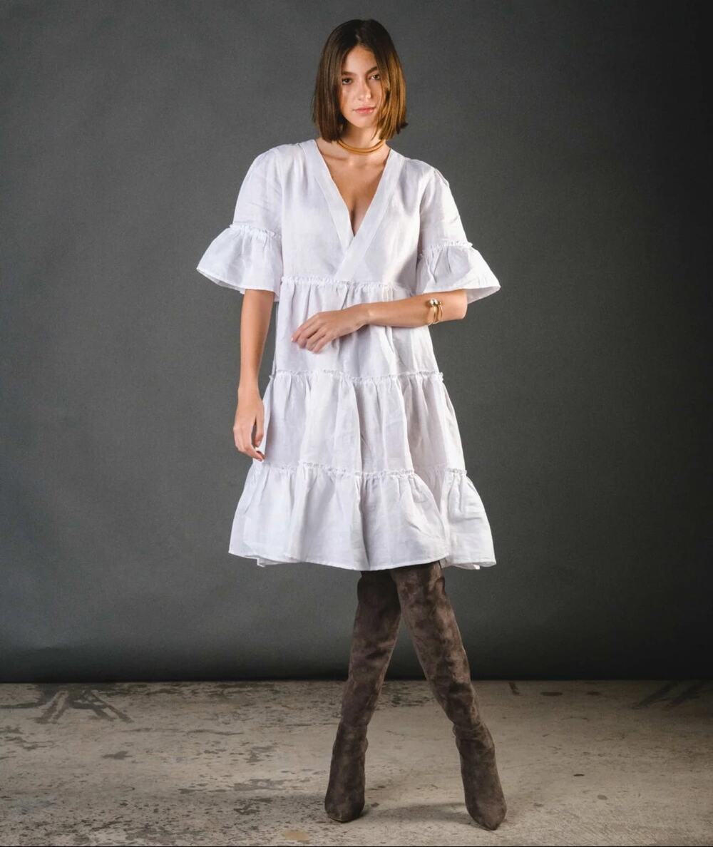 CLAUDE TULUM Natural Dress Tiered Cotton V-Neck Flounce 3/4 Sleeves White Medium